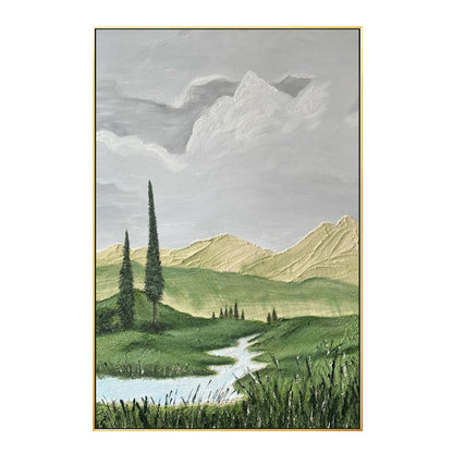 Impressionist landscape painting mountain green tree river grassland painting on #16