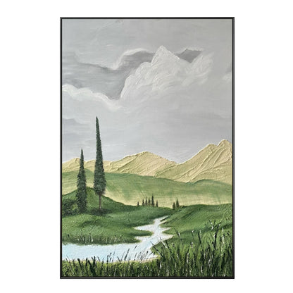 Impressionist landscape painting mountain green tree river grassland painting on #18