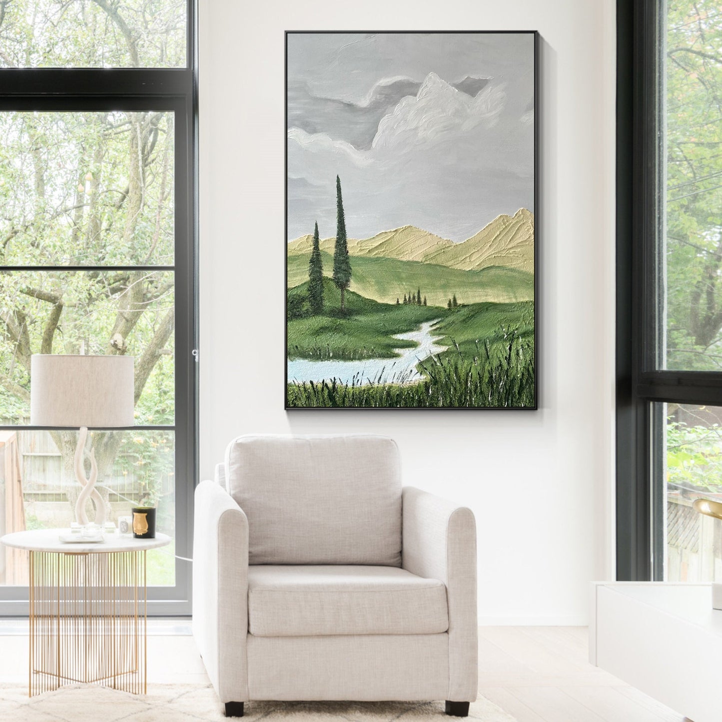 Impressionist landscape painting mountain green tree river grassland painting on #4