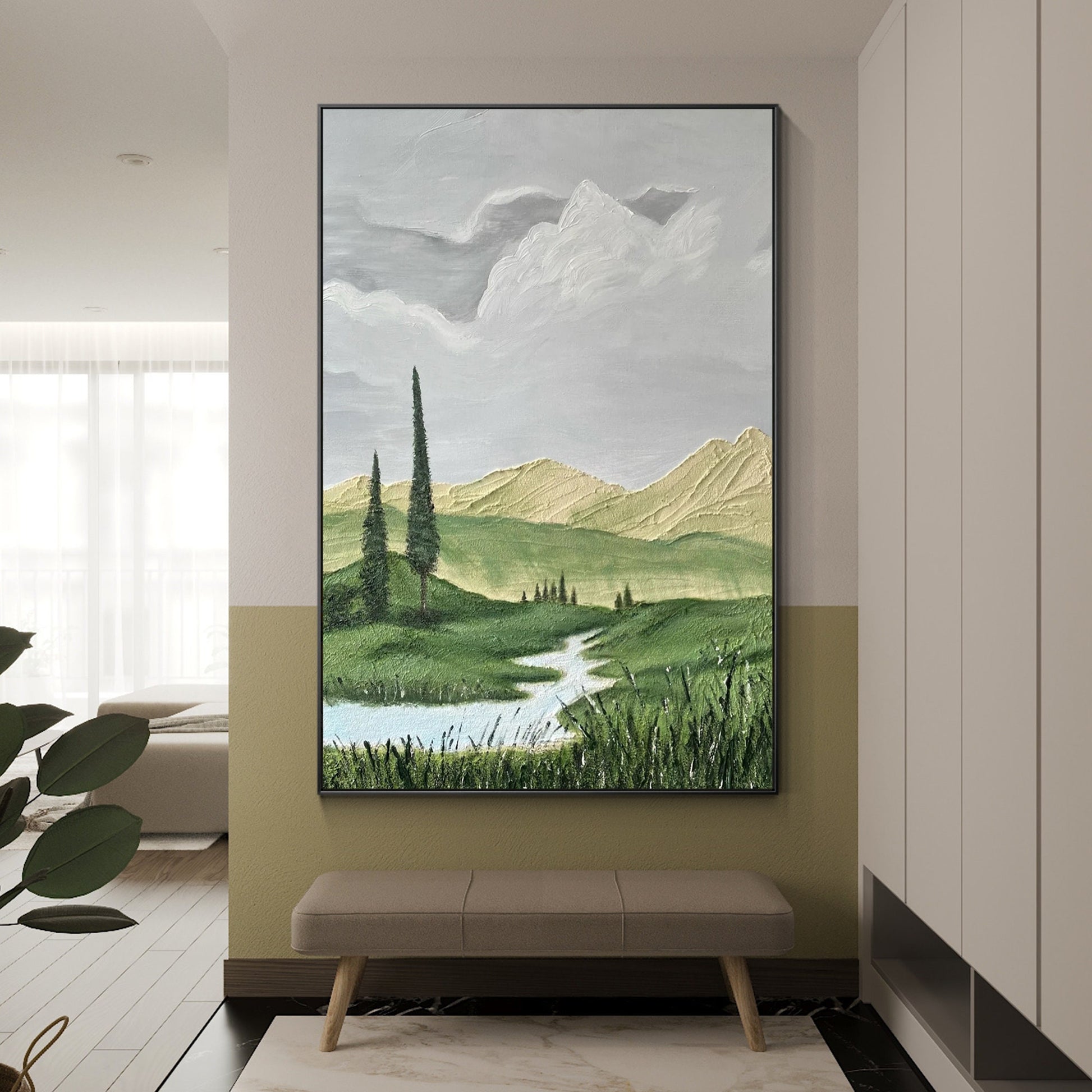 Impressionist landscape painting mountain green tree river grassland painting on #5