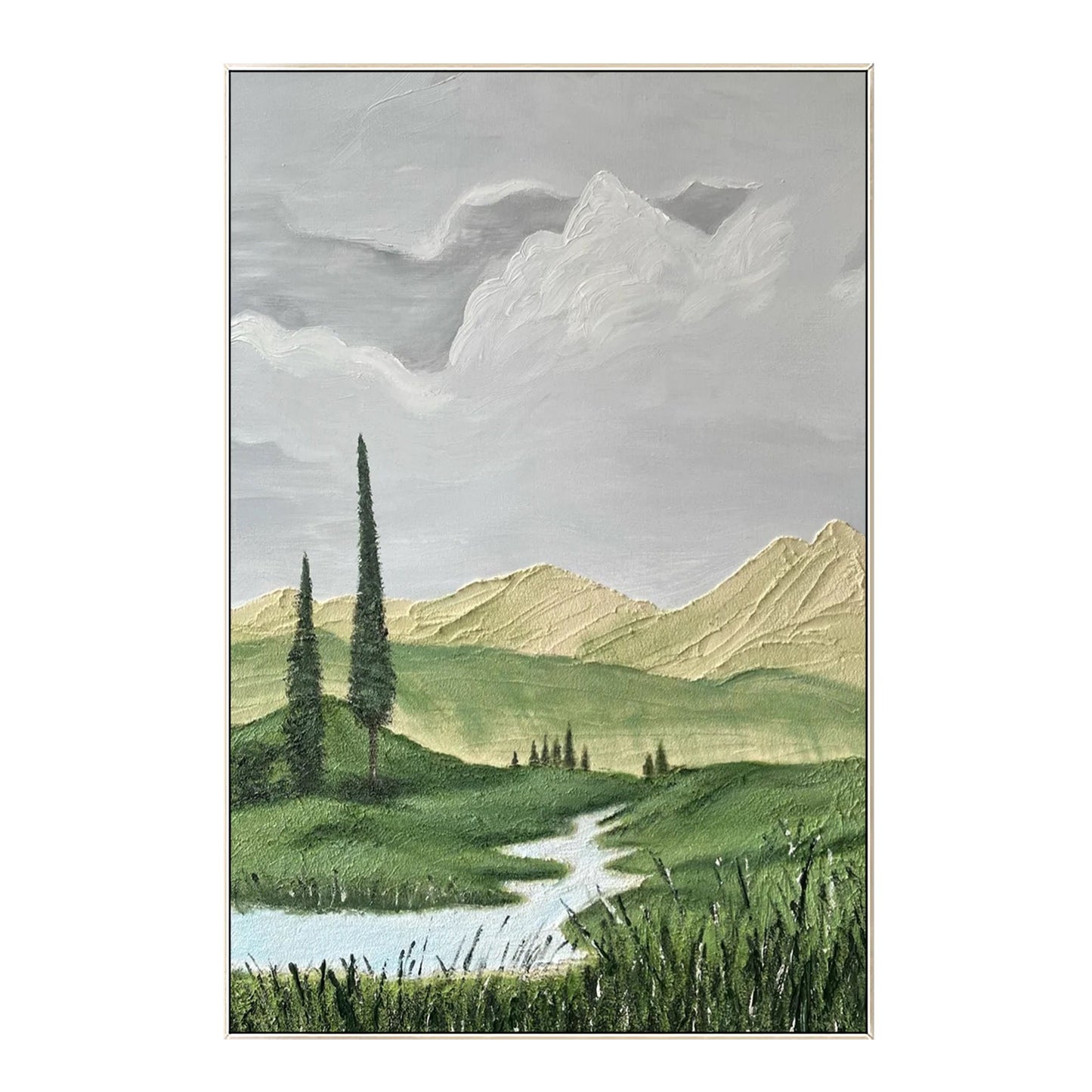 Impressionist landscape painting mountain green tree river grassland painting on #7