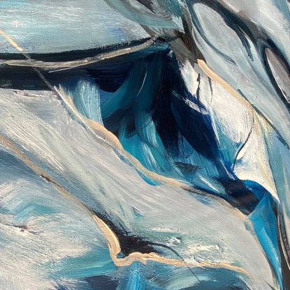 INDIGO DREAMSCAPE: Abstract Blue and Gold Oil Painting | rectangular format, hand-painted canvas edge