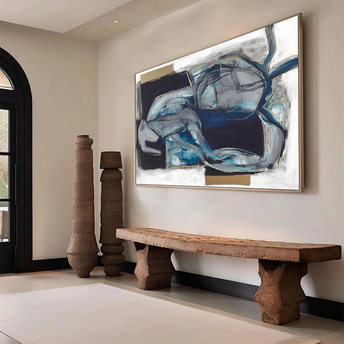 INDIGO DREAMSCAPE: Abstract Blue and Gold Oil Painting | gold frame stretched on neutral wall
