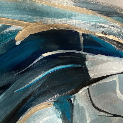 INDIGO DREAMSCAPE: Abstract Blue and Gold Oil Painting | black frame version on white wall