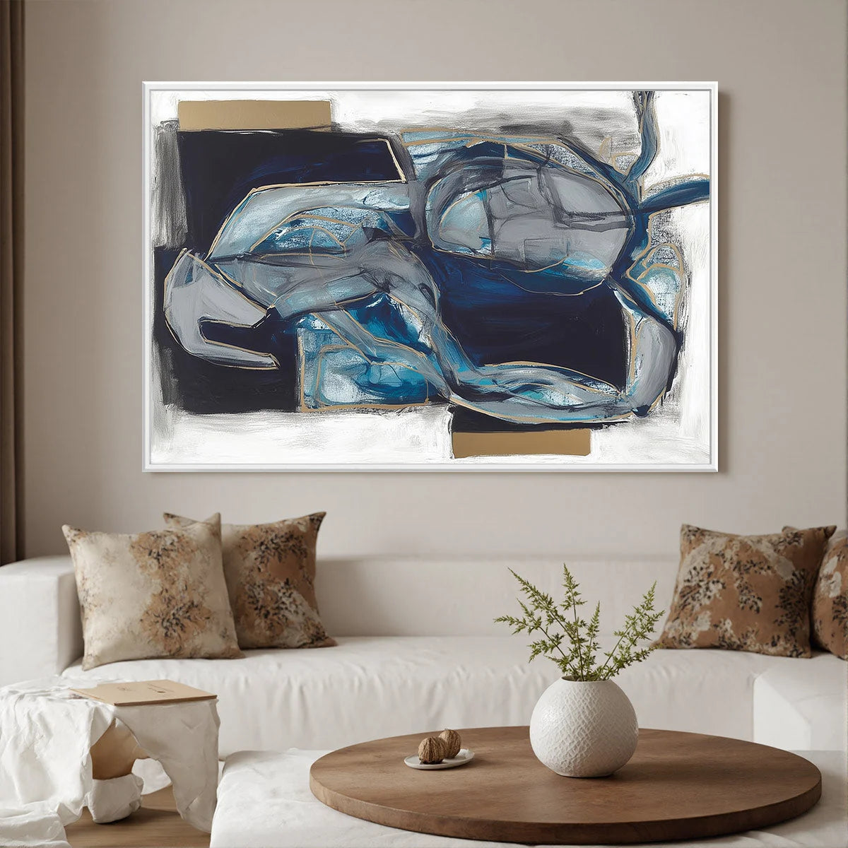 INDIGO DREAMSCAPE: Abstract Blue and Gold Oil Painting | Abstract mood, soft natural light studio shot