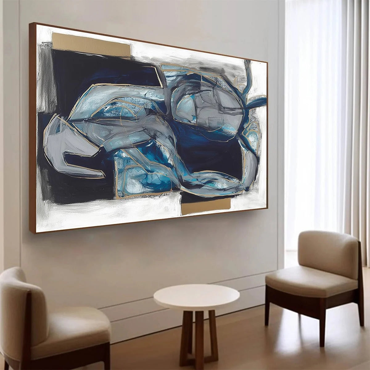 INDIGO DREAMSCAPE: Abstract Blue and Gold Oil Painting | yellow palette, original oil on stretched canvas art