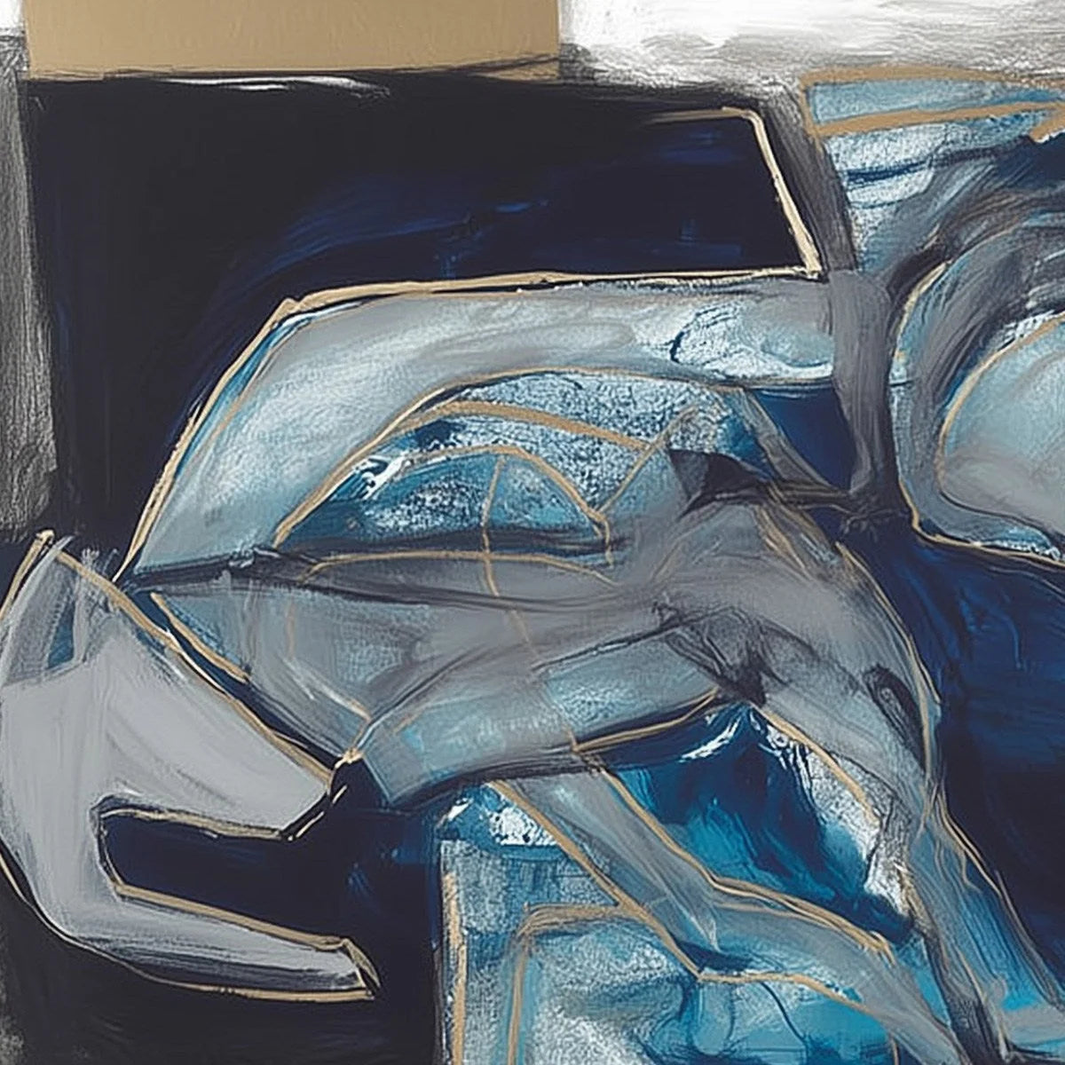 INDIGO DREAMSCAPE: Abstract Blue and Gold Oil Painting | texture detail, palette knife marks visible