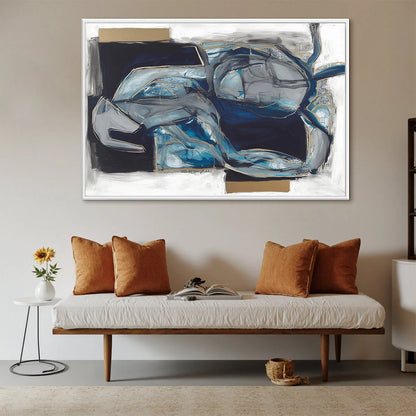 INDIGO DREAMSCAPE: Abstract Blue and Gold Oil Painting | texture detail, palette knife marks visible