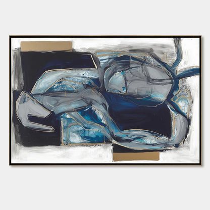 INDIGO DREAMSCAPE: Abstract Blue and Gold Oil Painting | hanging in living room, Abstract wall art