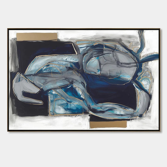INDIGO DREAMSCAPE: Abstract Blue and Gold Oil Painting | hanging in living room, Abstract wall art
