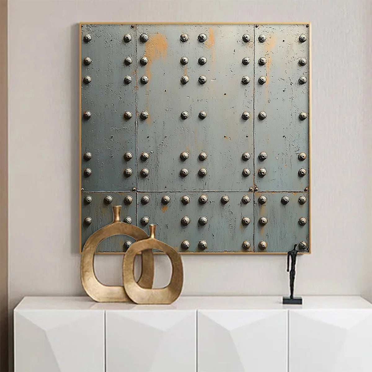 INDUSTRIAL STRENGTH: Textured Metal Panel Oil Painting | gold frame stretched on neutral wall