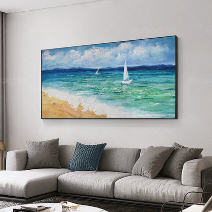 Ingelijst olieverfschilderij zeegezicht: abstracte bewolkte blauwe zeegolf, extr #15