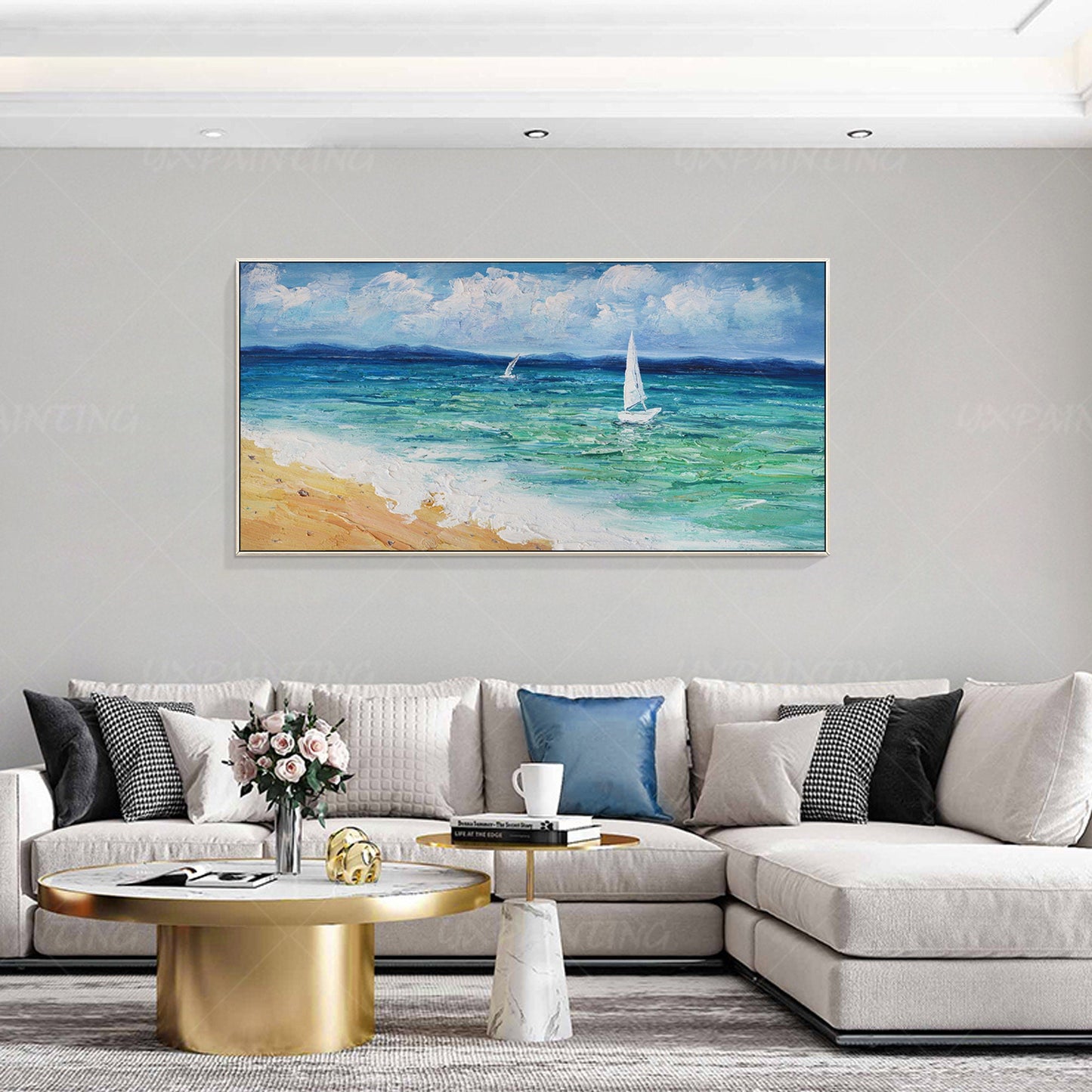 Ingelijst olieverfschilderij zeegezicht: abstracte bewolkte blauwe zeegolf, extr #3