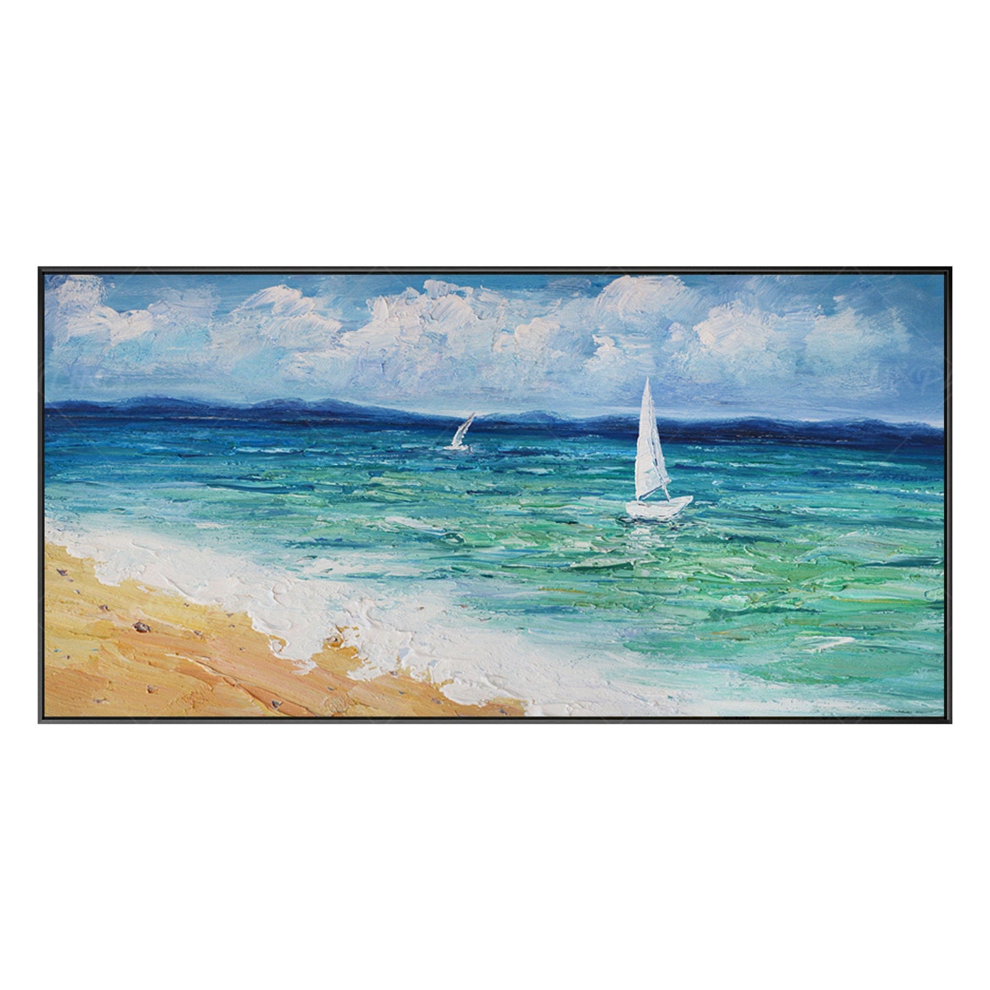 Ingelijst olieverfschilderij zeegezicht: abstracte bewolkte blauwe zeegolf, extr #7