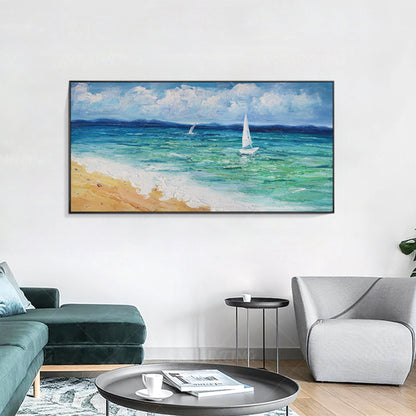 Ingelijst olieverfschilderij zeegezicht: abstracte bewolkte blauwe zeegolf, extr #1
