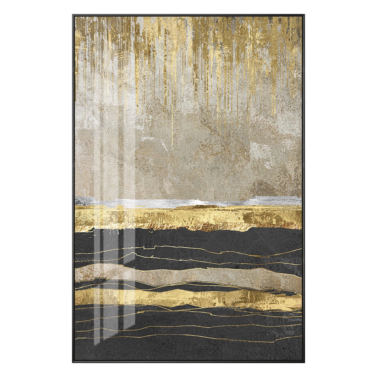 Ingelijst schilderij bladgoud abstract landschapsschilderij zwart acrylschilderi #16