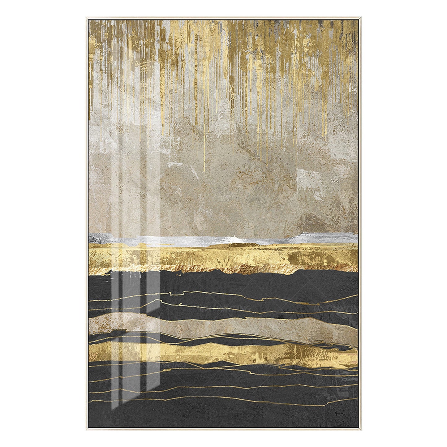 Ingelijst schilderij bladgoud abstract landschapsschilderij zwart acrylschilderi #18