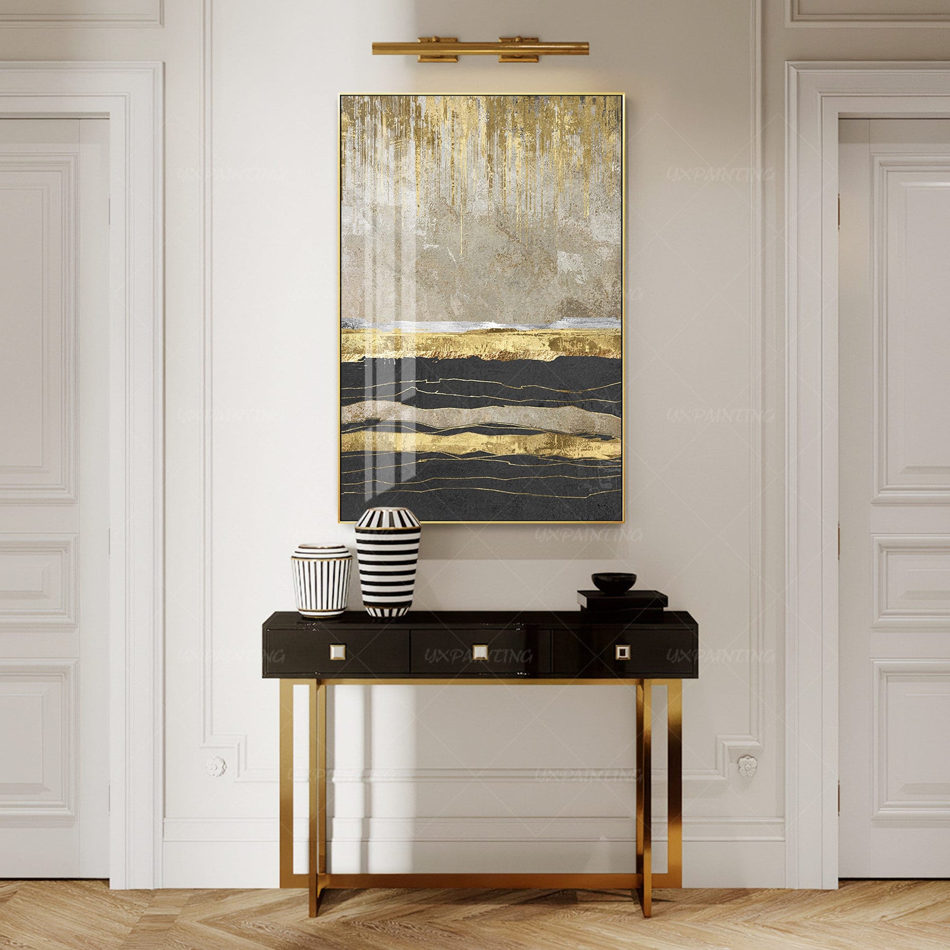 Ingelijst schilderij bladgoud abstract landschapsschilderij zwart acrylschilderi #3