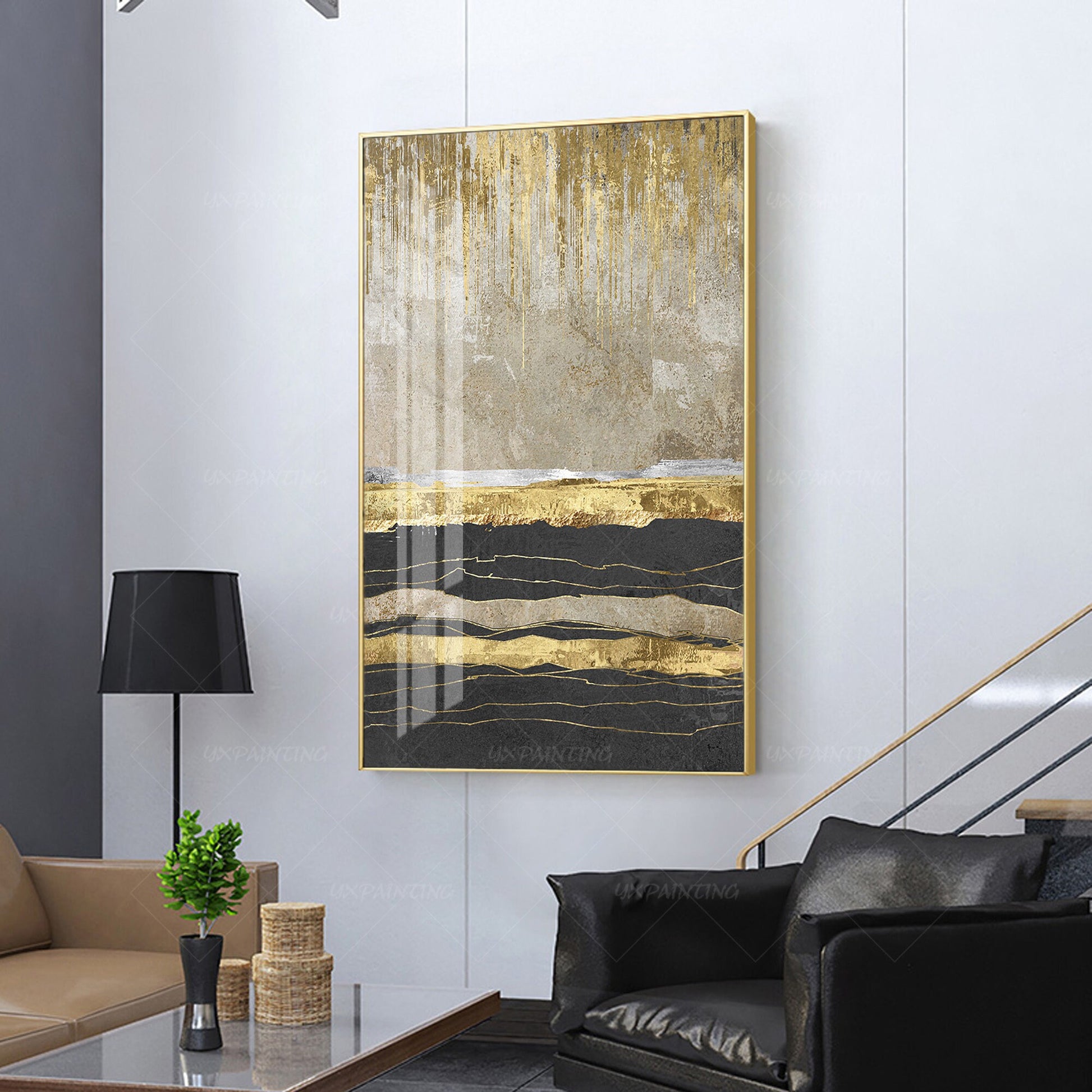 Ingelijst schilderij bladgoud abstract landschapsschilderij zwart acrylschilderi #4