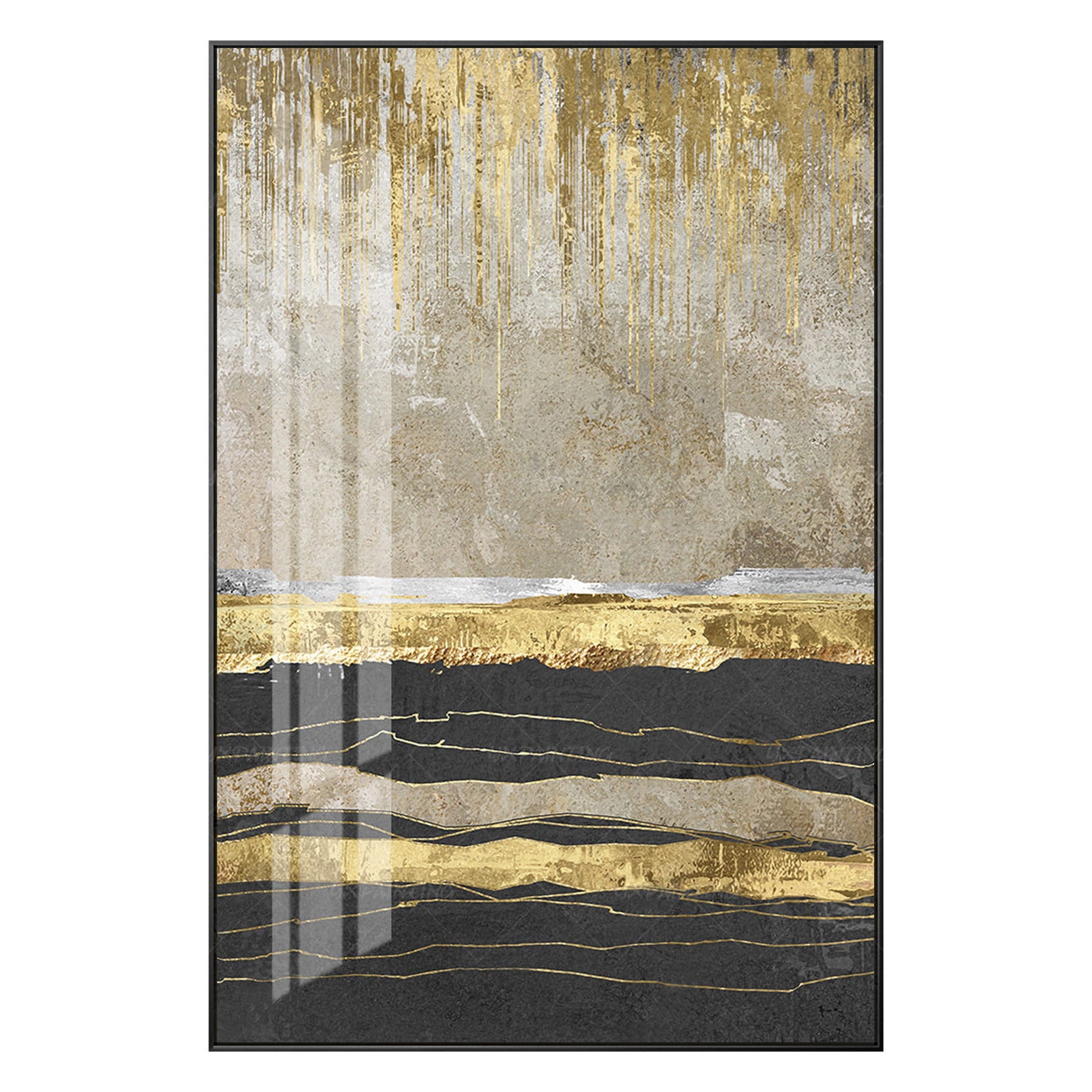 Ingelijst schilderij bladgoud abstract landschapsschilderij zwart acrylschilderi #6