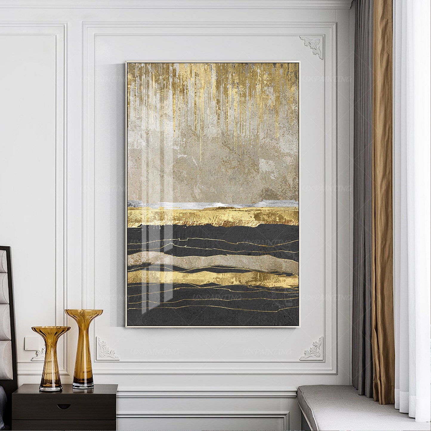 Ingelijst schilderij bladgoud abstract landschapsschilderij zwart acrylschilderi #1