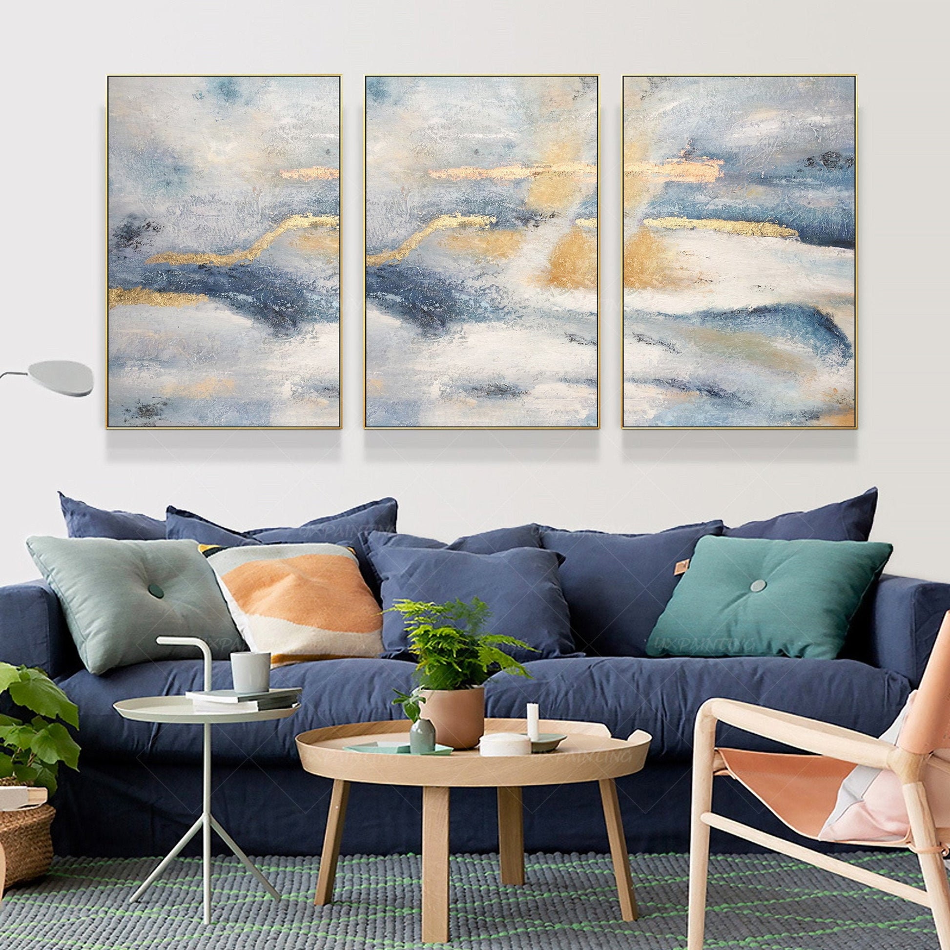 Ingelijst schilderij set van 3 muurkunst gouden kunst abstracte acryl landschaps #2