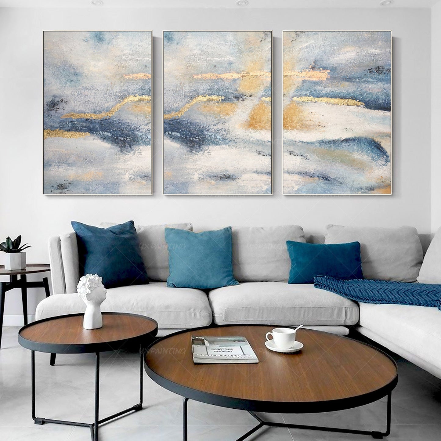 Ingelijst schilderij set van 3 muurkunst gouden kunst abstracte acryl landschaps #13