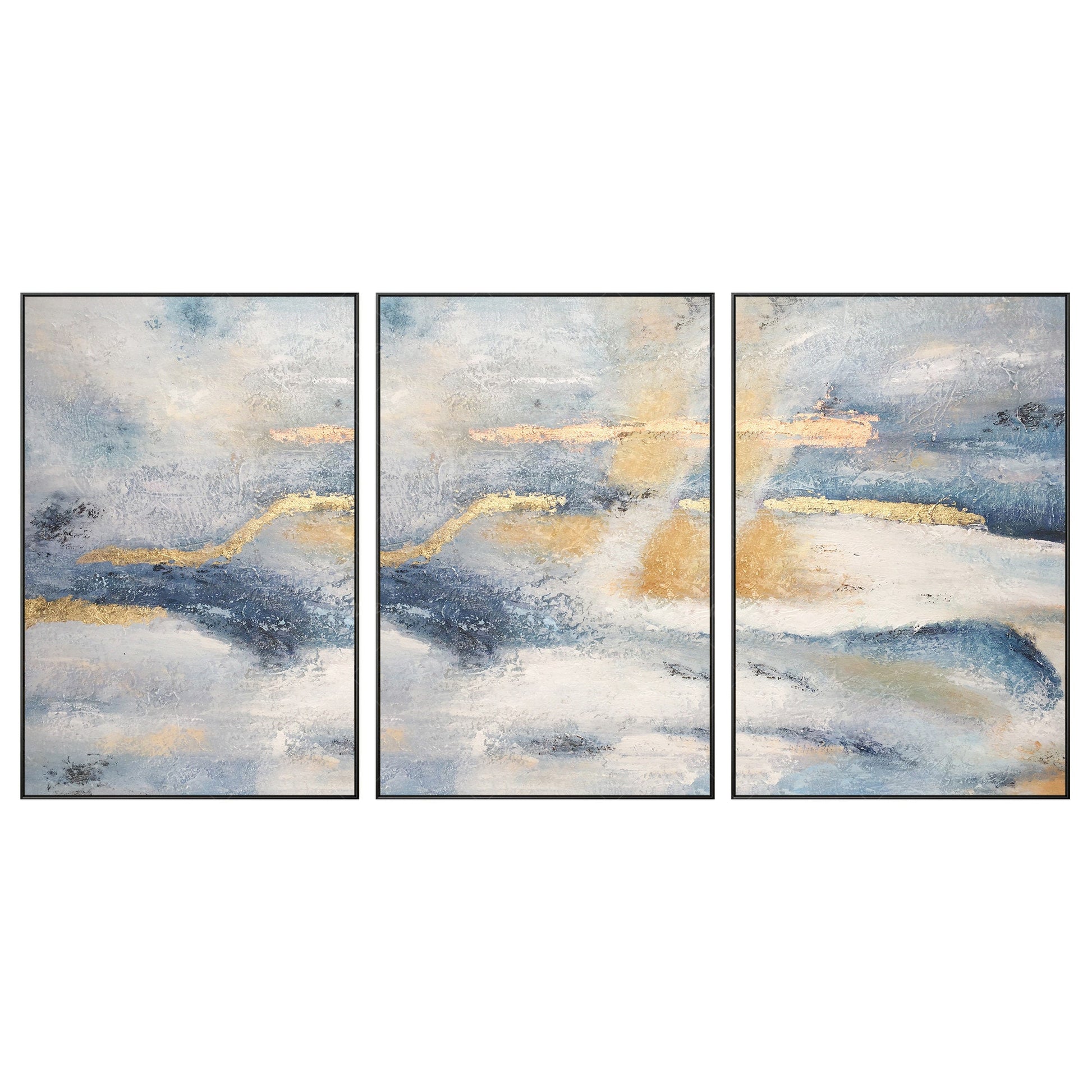 Ingelijst schilderij set van 3 muurkunst gouden kunst abstracte acryl landschaps #18