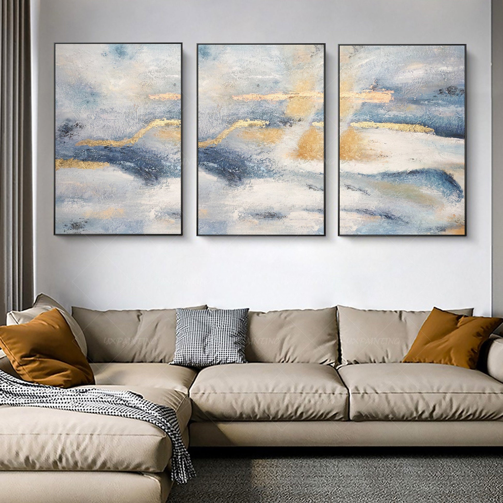 Ingelijst schilderij set van 3 muurkunst gouden kunst abstracte acryl landschaps #3