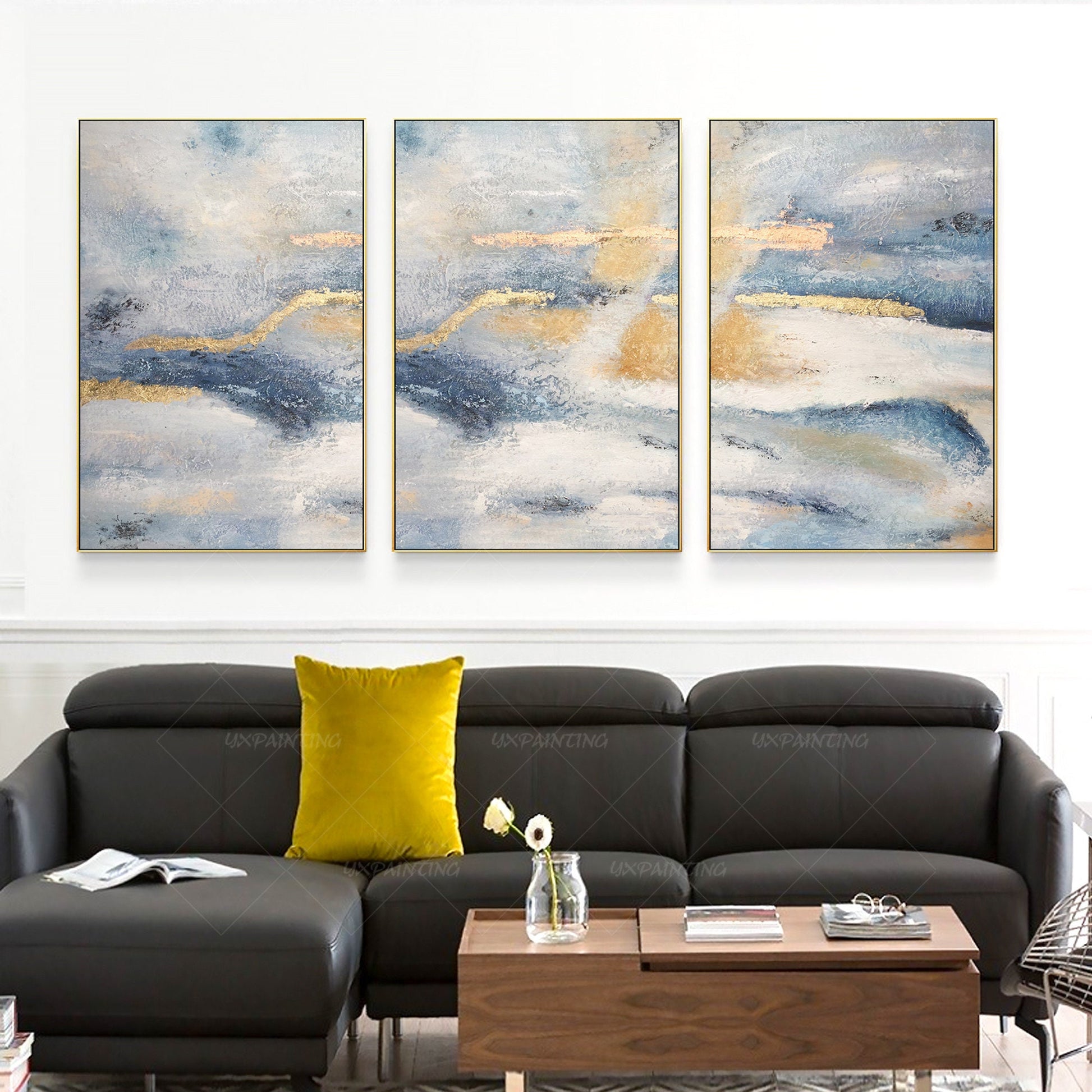 Ingelijst schilderij set van 3 muurkunst gouden kunst abstracte acryl landschaps #5