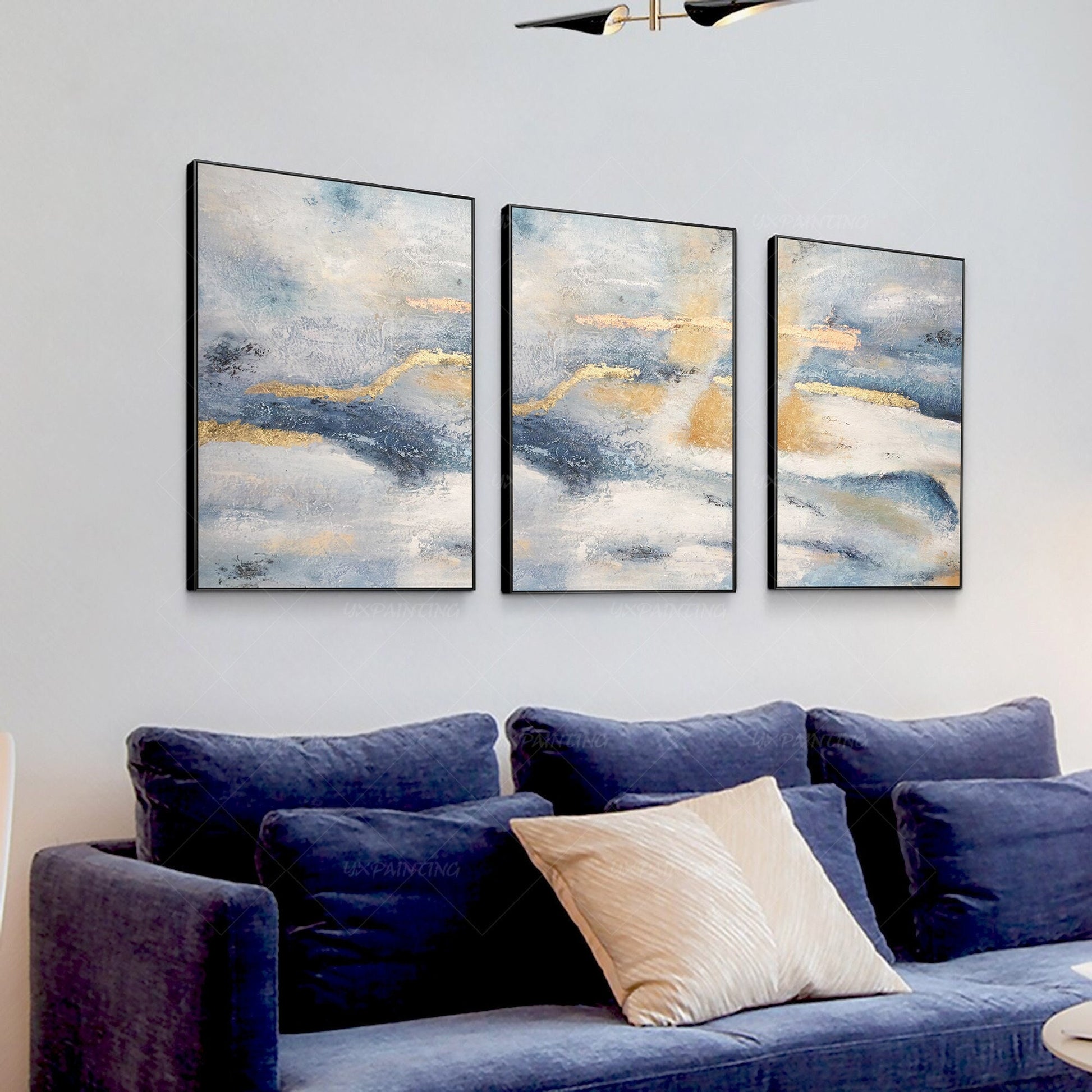 Ingelijst schilderij set van 3 muurkunst gouden kunst abstracte acryl landschaps #1
