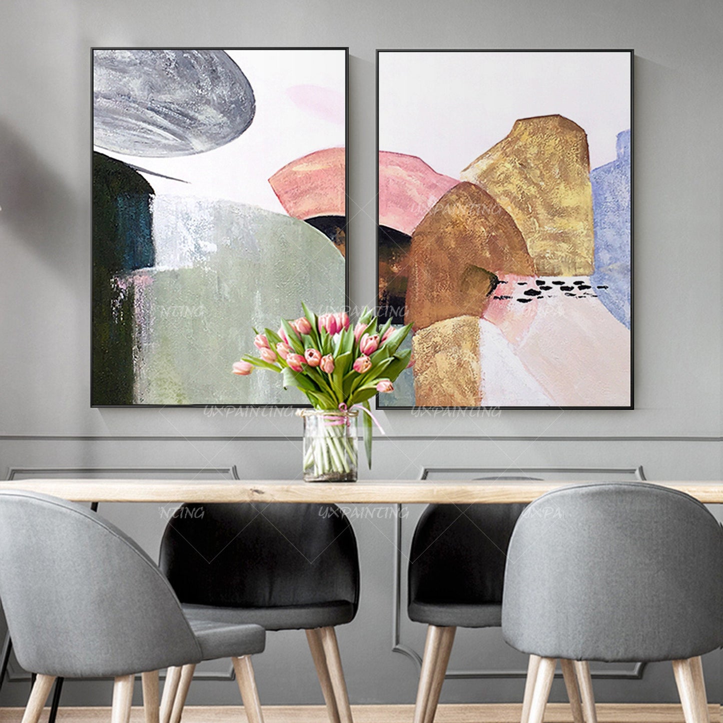 Ingelijste abstracte canvaskunst berg: decorset goud en roze boho #11