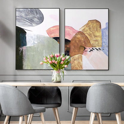 Ingelijste abstracte canvaskunst berg: decorset goud en roze boho #11