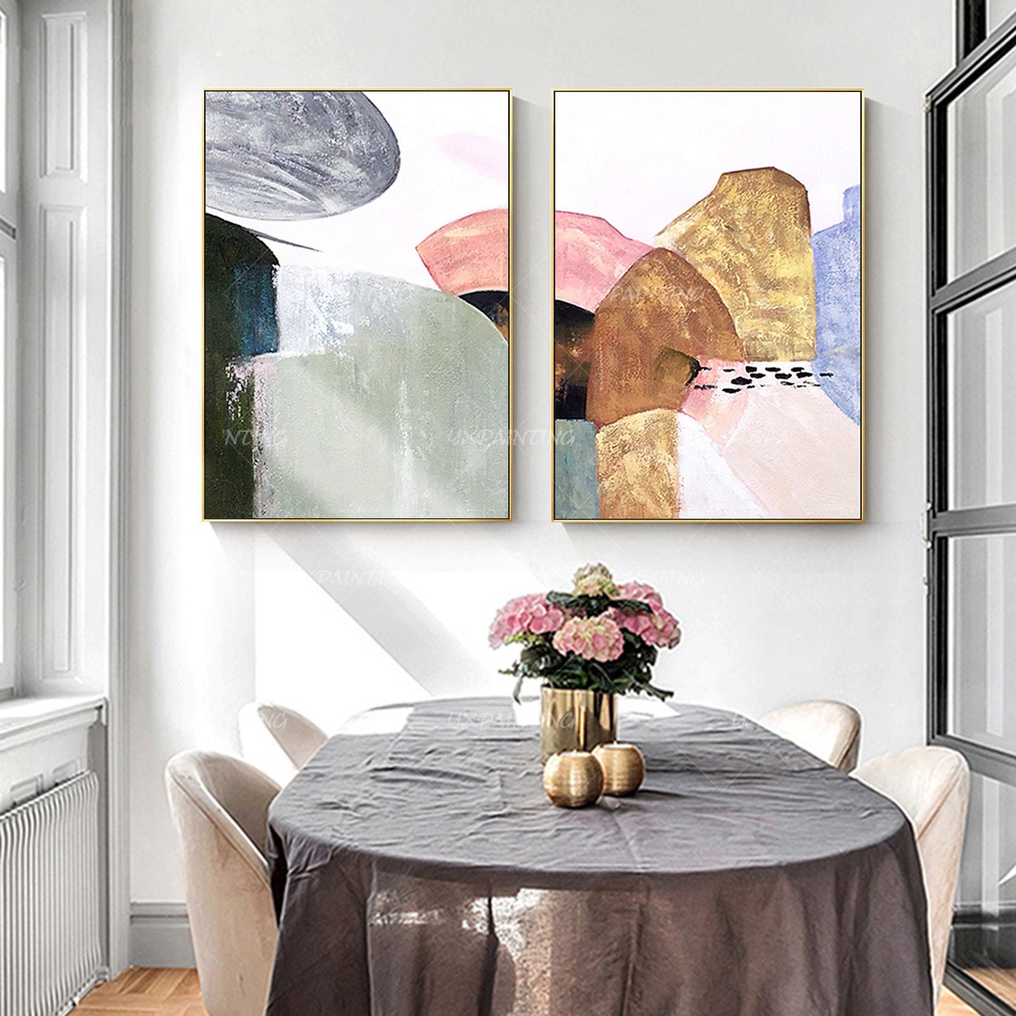 Ingelijste abstracte canvaskunst berg: decorset goud en roze boho #12
