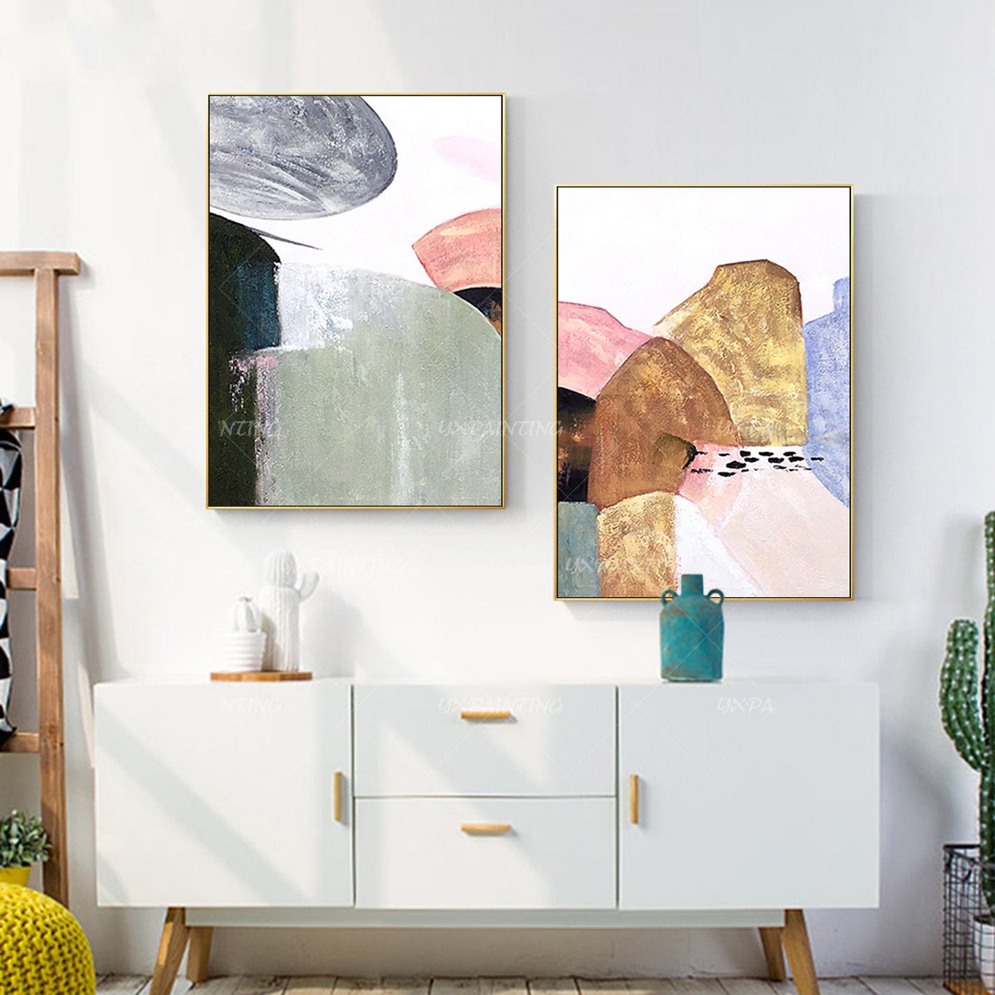 Ingelijste abstracte canvaskunst berg: decorset goud en roze boho #15