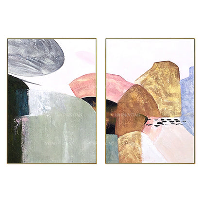 Ingelijste abstracte canvaskunst berg: decorset goud en roze boho #18
