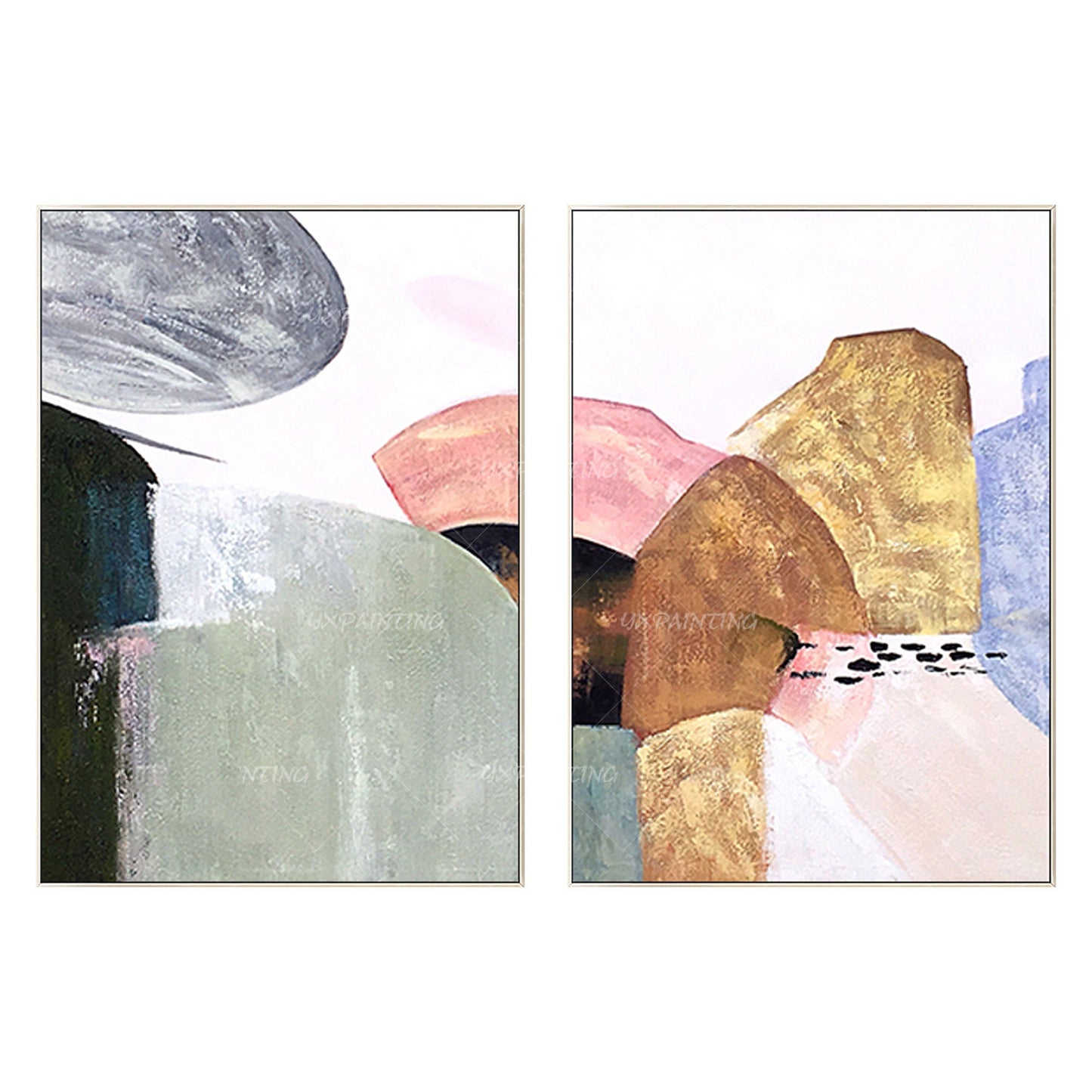 Ingelijste abstracte canvaskunst berg: decorset goud en roze boho #19