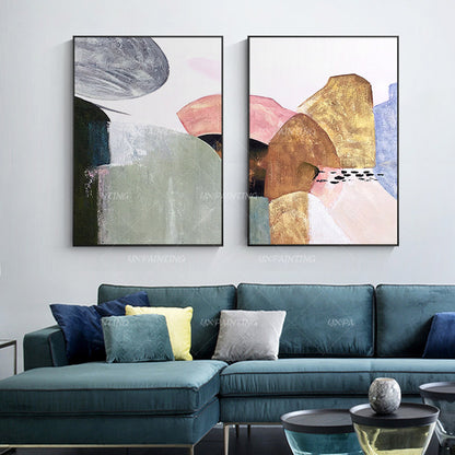 Ingelijste abstracte canvaskunst berg: decorset goud en roze boho #3