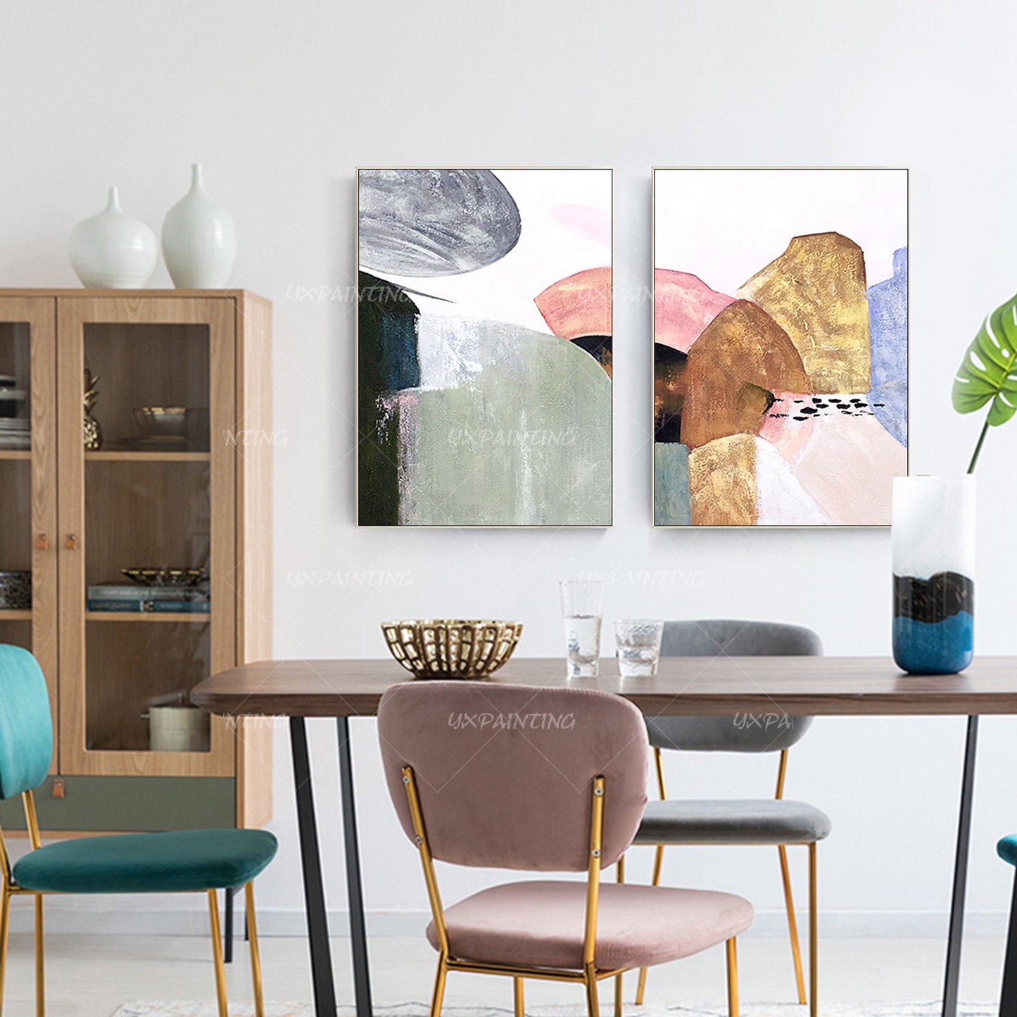 Ingelijste abstracte canvaskunst berg: decorset goud en roze boho #6