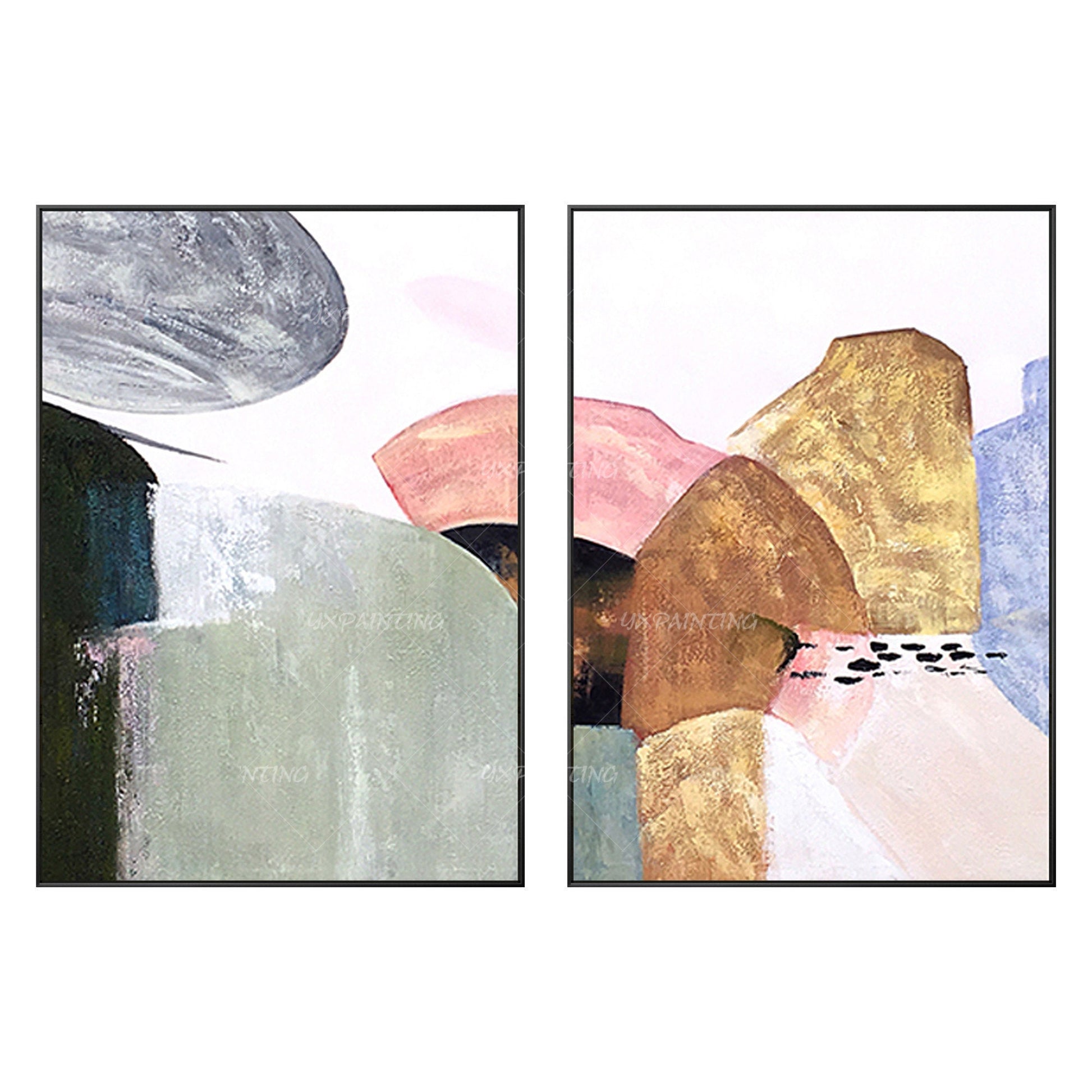 Ingelijste abstracte canvaskunst berg: decorset goud en roze boho #10
