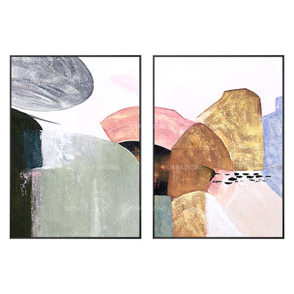 Ingelijste abstracte canvaskunst berg: decorset goud en roze boho #10