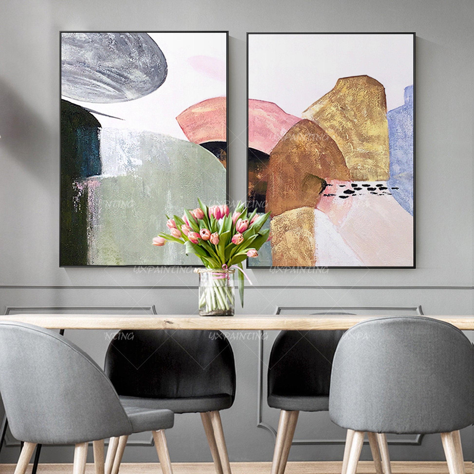 Ingelijste abstracte canvaskunst berg: decorset goud en roze boho #1