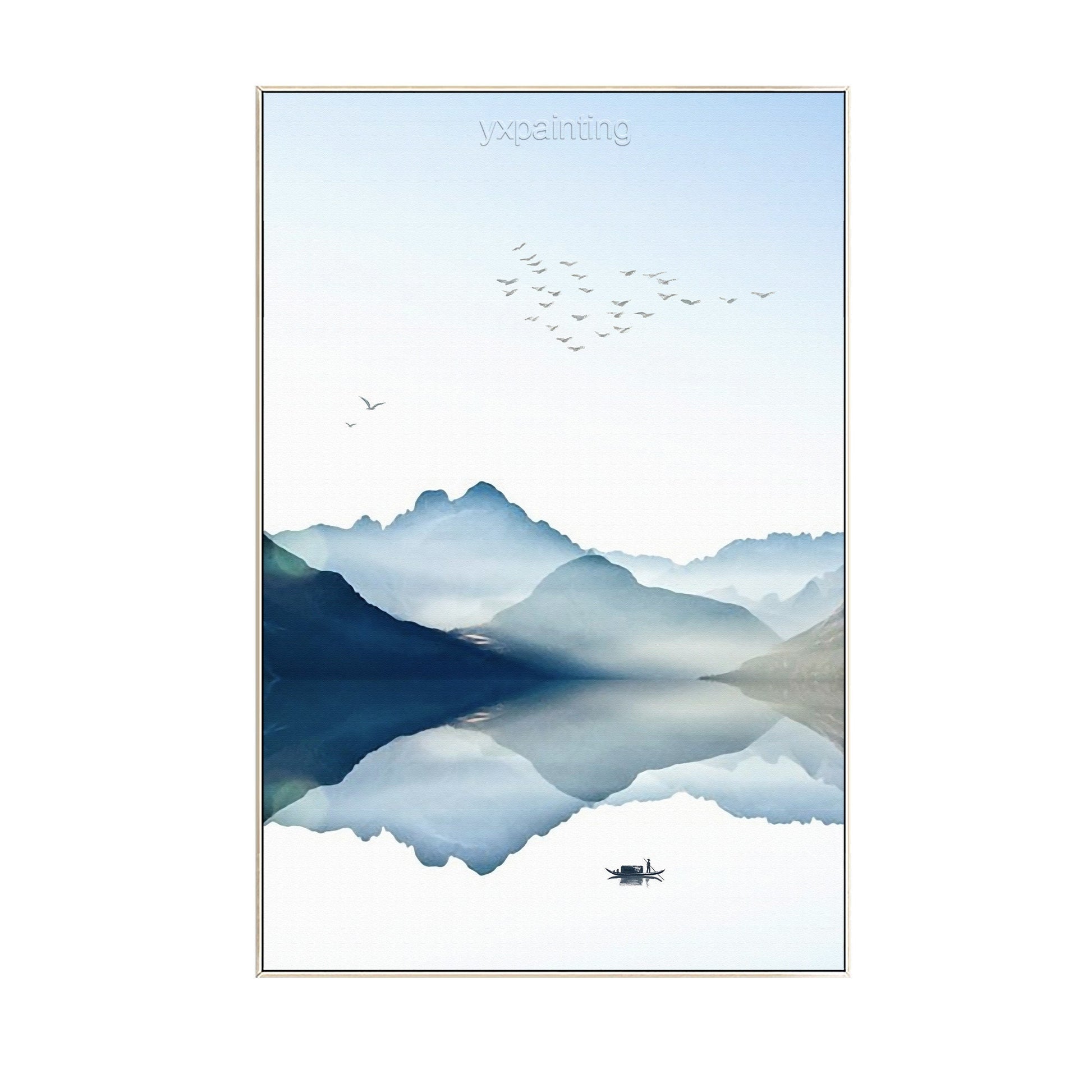 Ingelijste bergaquarel: zwerm vogels, lichtblauwe natuurkunst #19