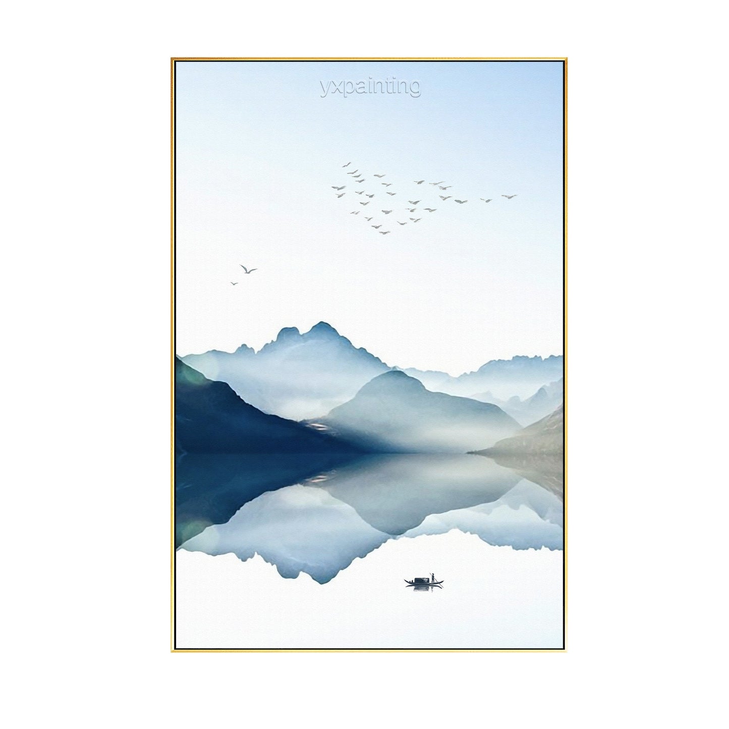 Ingelijste bergaquarel: zwerm vogels, lichtblauwe natuurkunst #8