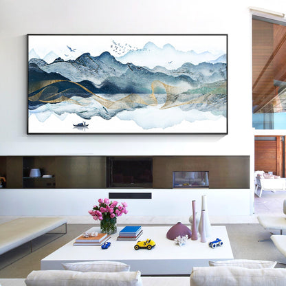 Ingelijste canvasprint berg: oosterse aquarel landschapsmuurkunst #13