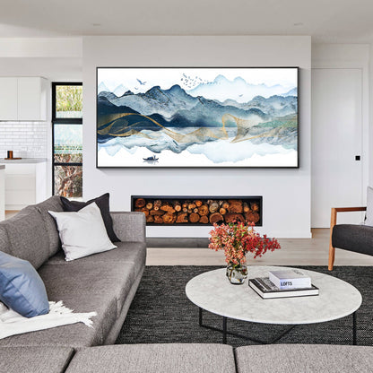 Ingelijste canvasprint berg: oosterse aquarel landschapsmuurkunst #16