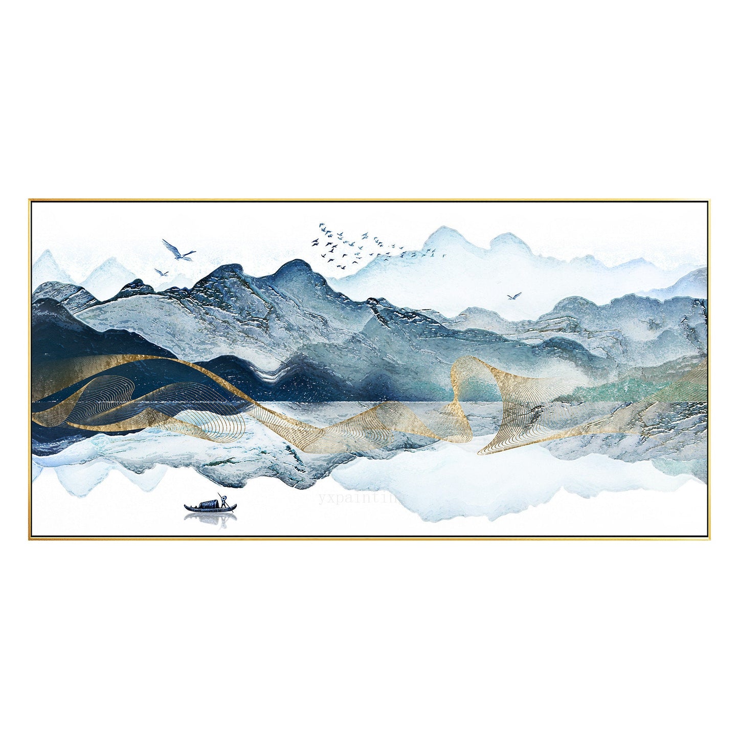 Ingelijste canvasprint berg: oosterse aquarel landschapsmuurkunst #18
