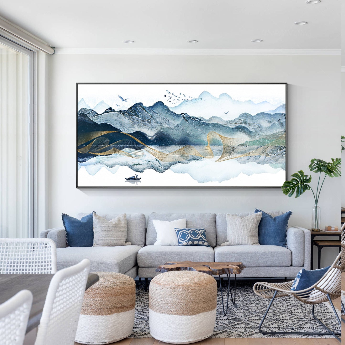 Ingelijste canvasprint berg: oosterse aquarel landschapsmuurkunst #4