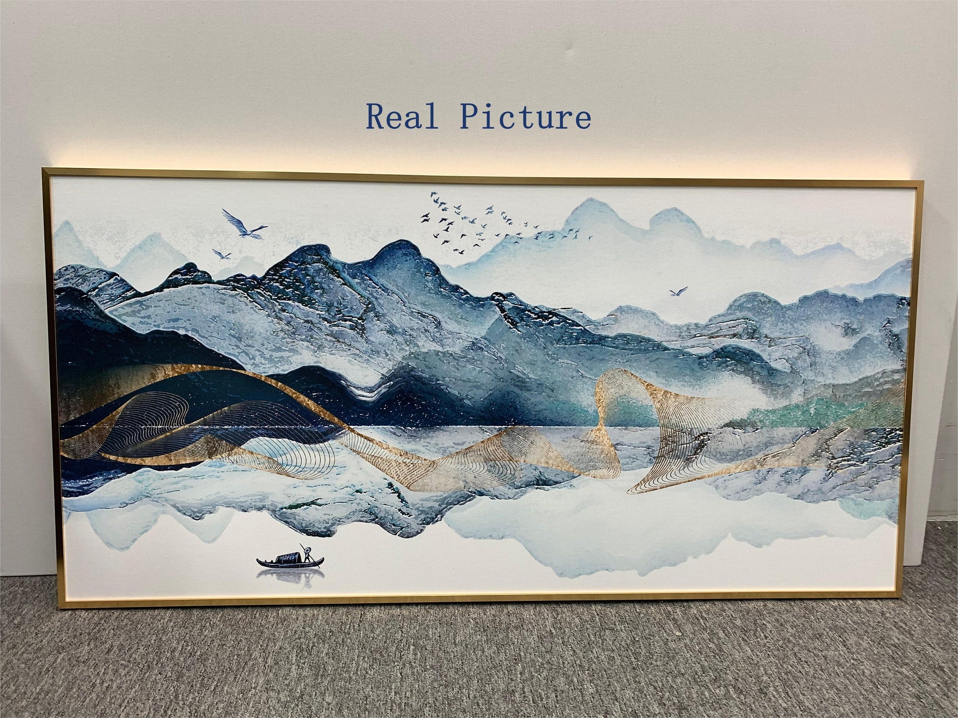 Ingelijste canvasprint berg: oosterse aquarel landschapsmuurkunst #5