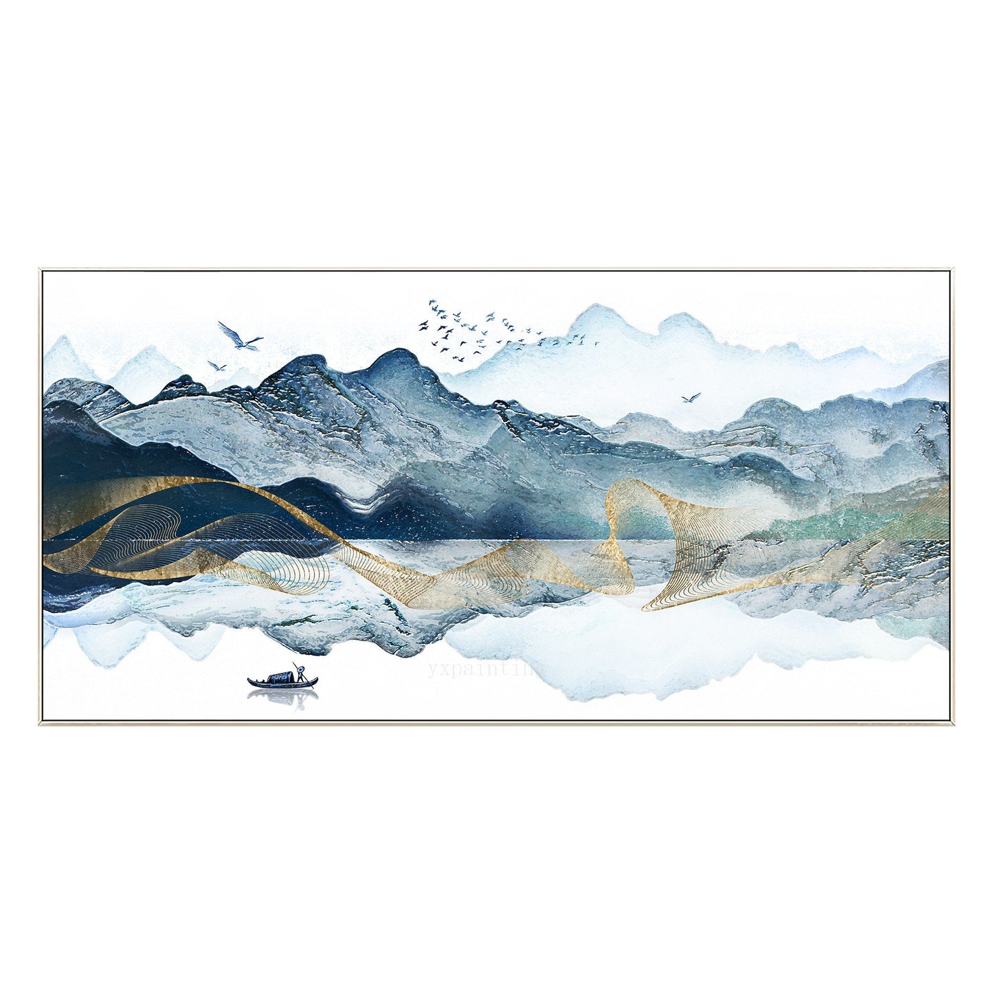 Ingelijste canvasprint berg: oosterse aquarel landschapsmuurkunst #9